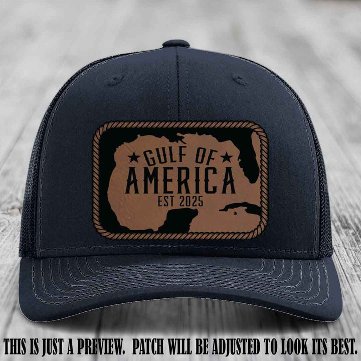 Gulf of America leather patch hat on a Navy Richardson 112 cap with Dark Brown to Black patch.