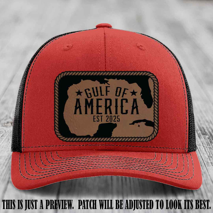 Gulf of America leather patch hat on a Red to Black Richardson 112 cap with Dark Brown to Black patch.