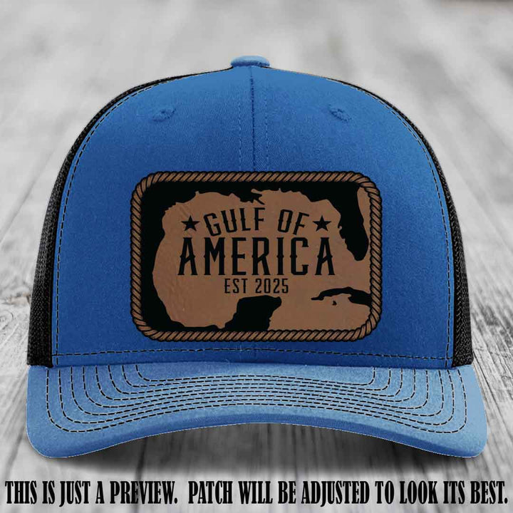 Gulf of America leather patch hat on a Royal to Black Richardson 112 cap with Dark Brown to Black patch.