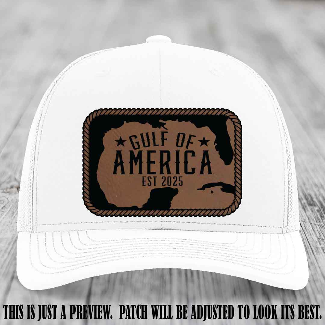 Gulf of America leather patch hat on a White Richardson 112 cap with Dark Brown to Black patch.