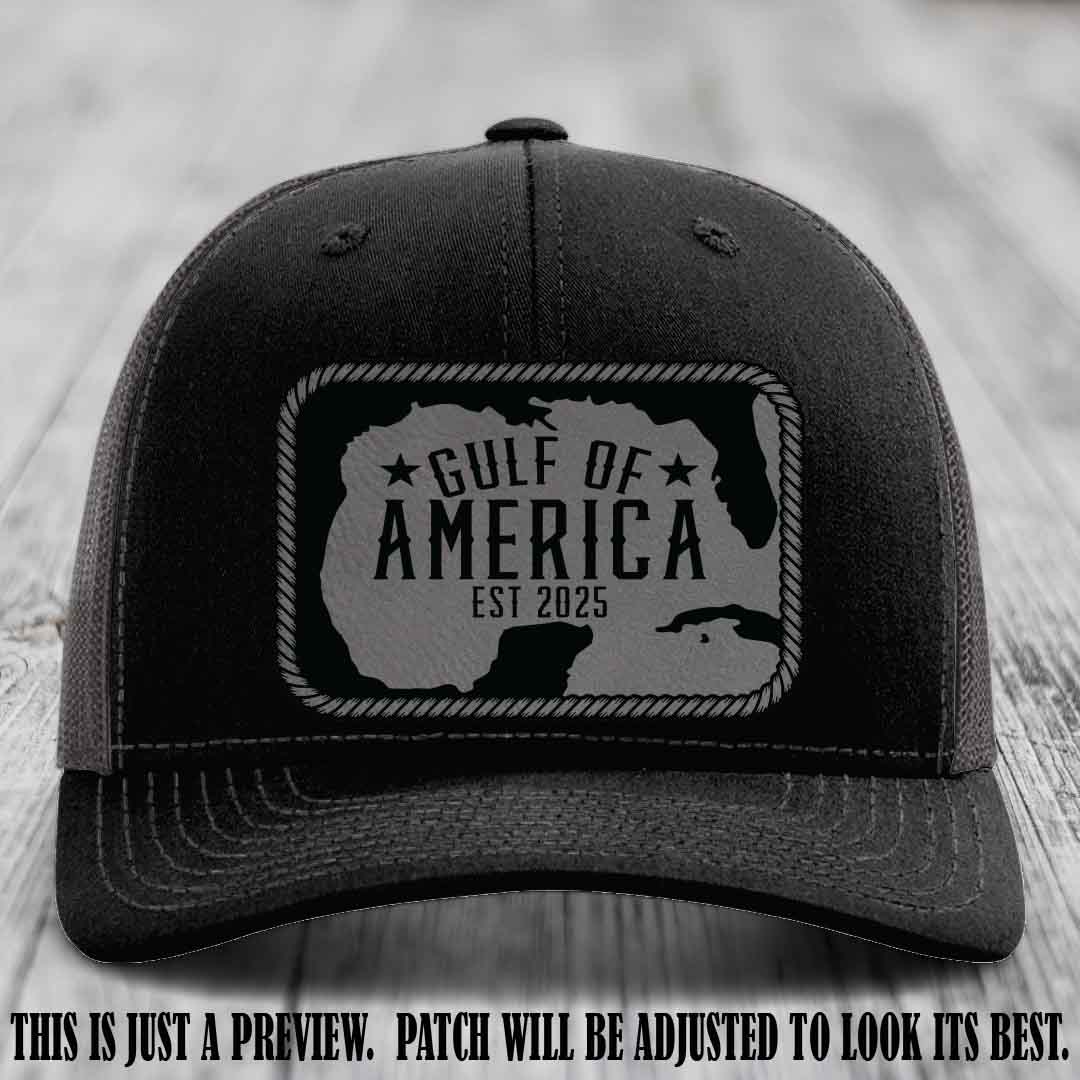 Gulf of America leather patch hat on a Black to Charcoal Richardson 112 cap with Grey to Black patch.
