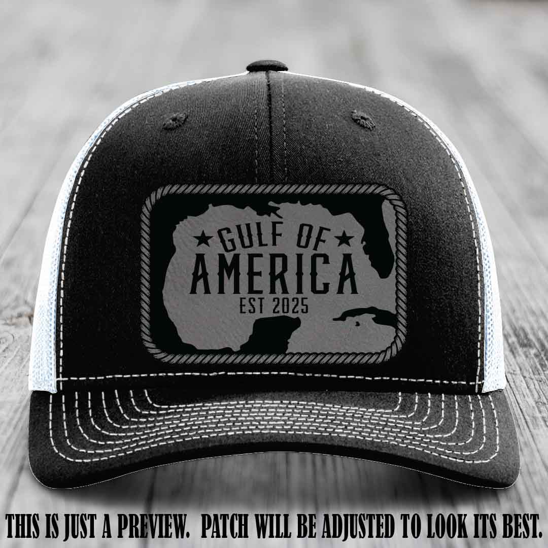 Gulf of America leather patch hat on a Black to White Richardson 112 cap with Grey to Black patch.