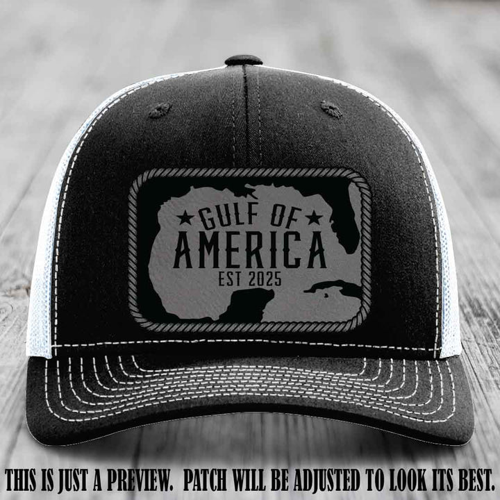 Gulf of America leather patch hat on a Black to White Richardson 112 cap with Grey to Black patch.