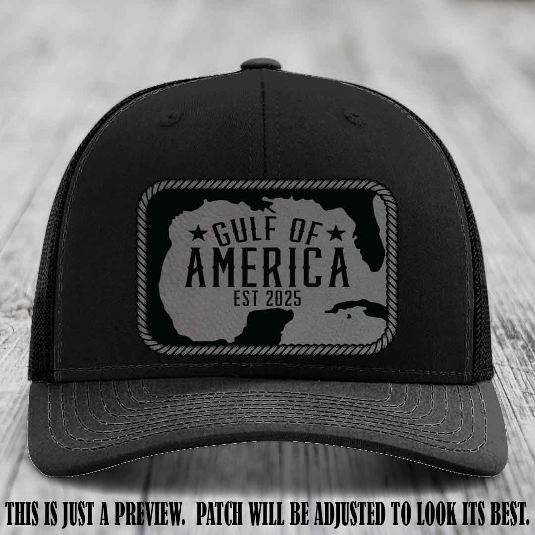 Gulf of America leather patch hat on a Black Richardson 112 cap with Grey to Black patch.