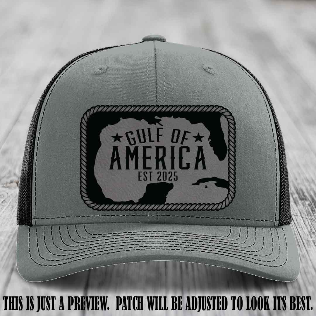 Gulf of America leather patch hat on a Heather Grey to Black Richardson 112 cap with Grey to Black patch.