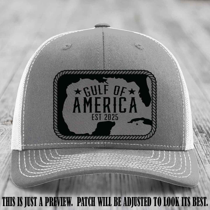 Gulf of America leather patch hat on a Heather Grey to White Richardson 112 cap with Grey to Black patch.