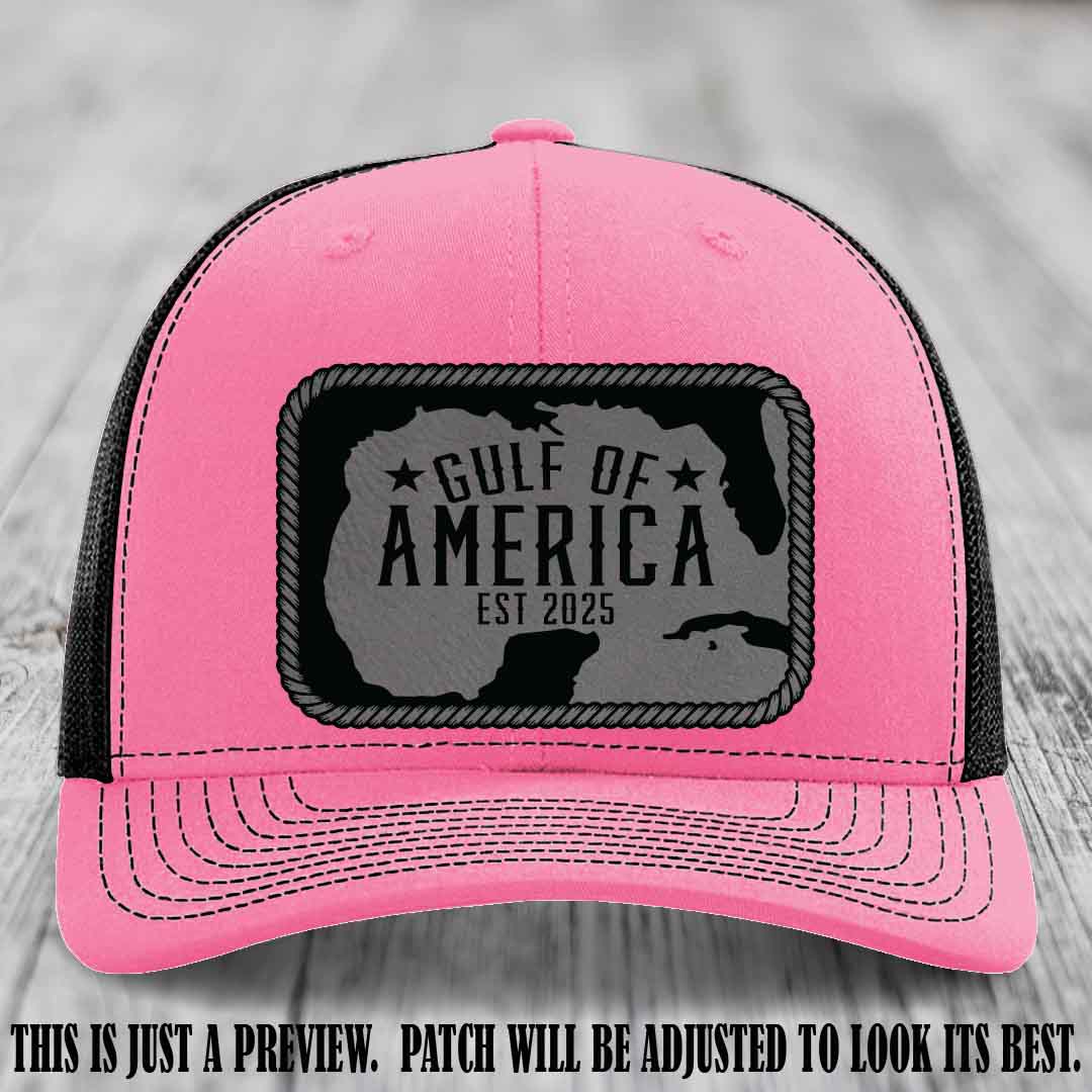 Gulf of America leather patch hat on a Hot Pink to Black Richardson 112 cap with Grey to Black patch.