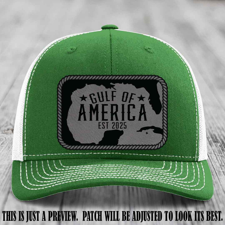Gulf of America leather patch hat on a Kelly to White Richardson 112 cap with Grey to Black patch.