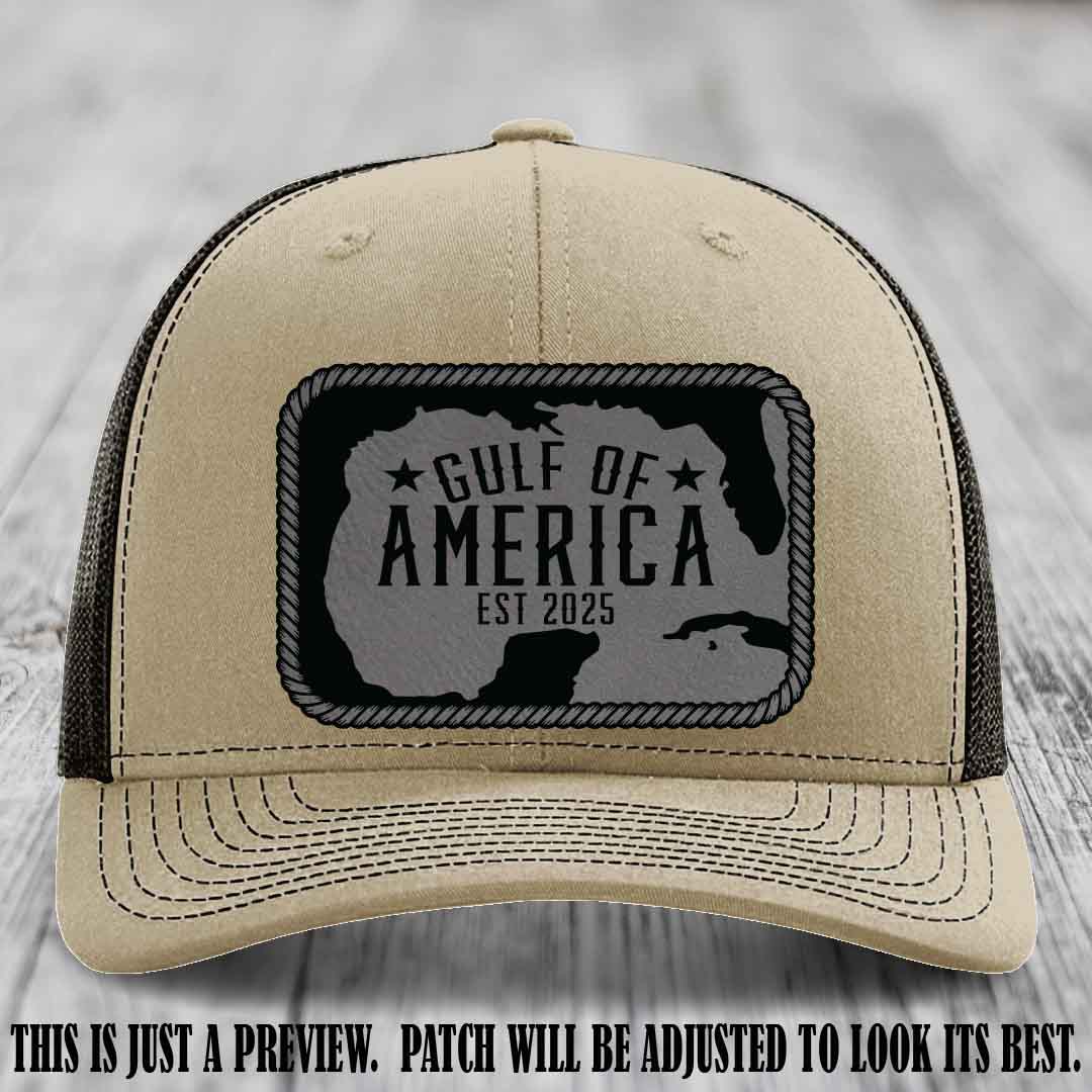 Gulf of America leather patch hat on a Khaki to Coffee Richardson 112 cap with Grey to Black patch.