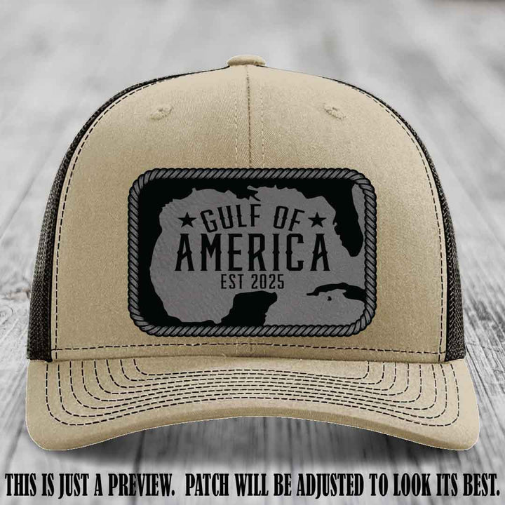 Gulf of America leather patch hat on a Khaki to Coffee Richardson 112 cap with Grey to Black patch.