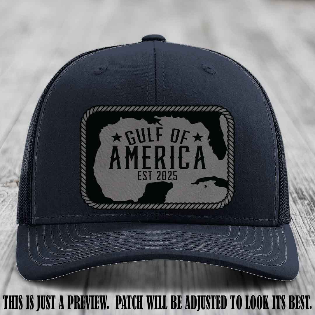 Gulf of America leather patch hat on a Navy Richardson 112 cap with Grey to Black patch.