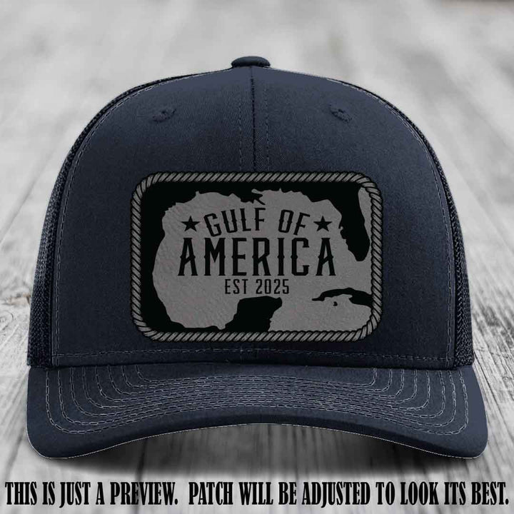 Gulf of America leather patch hat on a Navy Richardson 112 cap with Grey to Black patch.