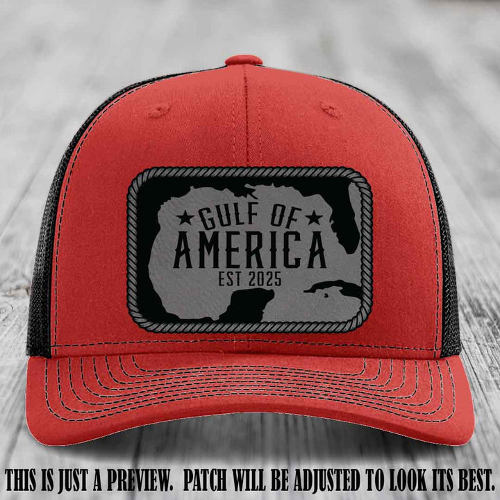 Gulf of America leather patch hat on a Red to Black Richardson 112 cap with Grey to Black patch.