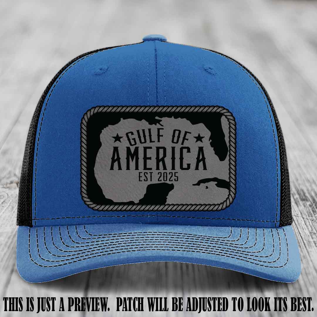 Gulf of America leather patch hat on a Royal to Black Richardson 112 cap with Grey to Black patch.