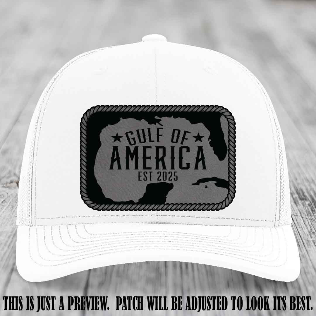 Gulf of America leather patch hat on a White Richardson 112 cap with Grey to Black patch.