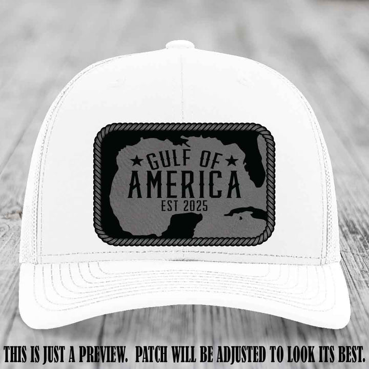 Gulf of America leather patch hat on a White Richardson 112 cap with Grey to Black patch.