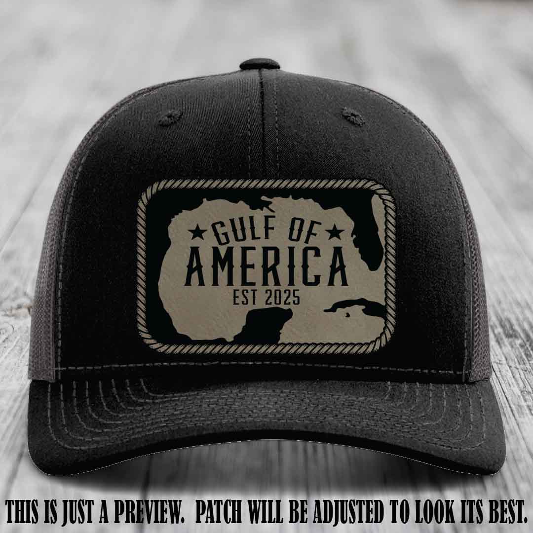 Gulf of America leather patch hat on a Black to Charcoal Richardson 112 cap with Light Brown to Black patch.