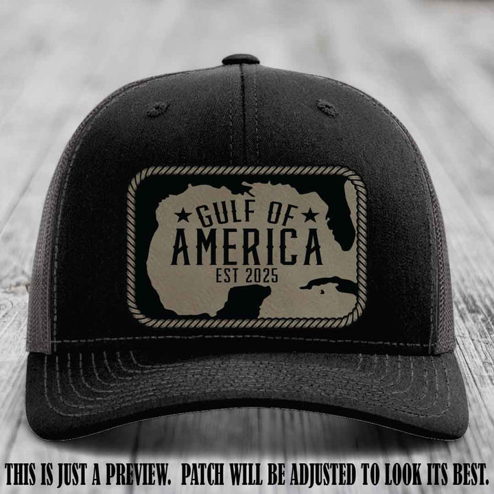 Gulf of America leather patch hat on a Black to Charcoal Richardson 112 cap with Light Brown to Black patch.