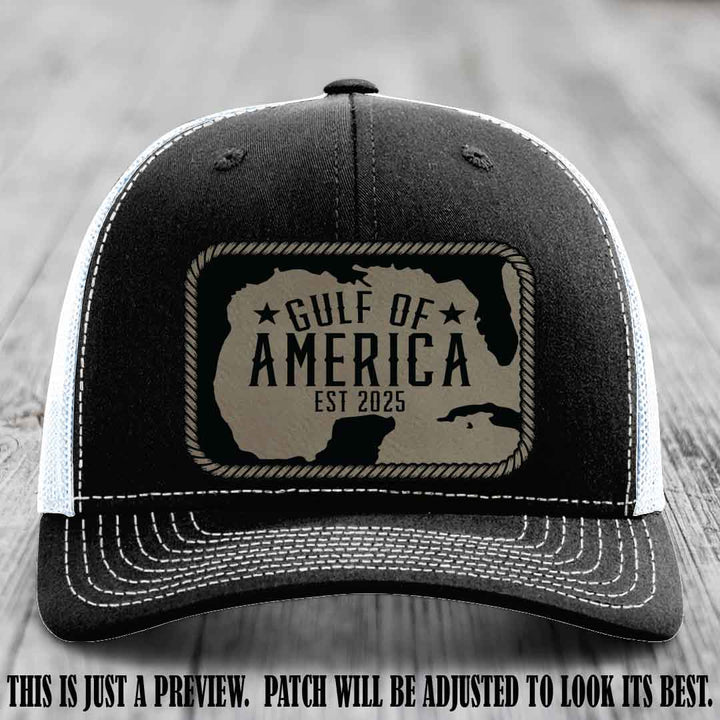 Gulf of America leather patch hat on a Black to White Richardson 112 cap with Light Brown to Black patch.
