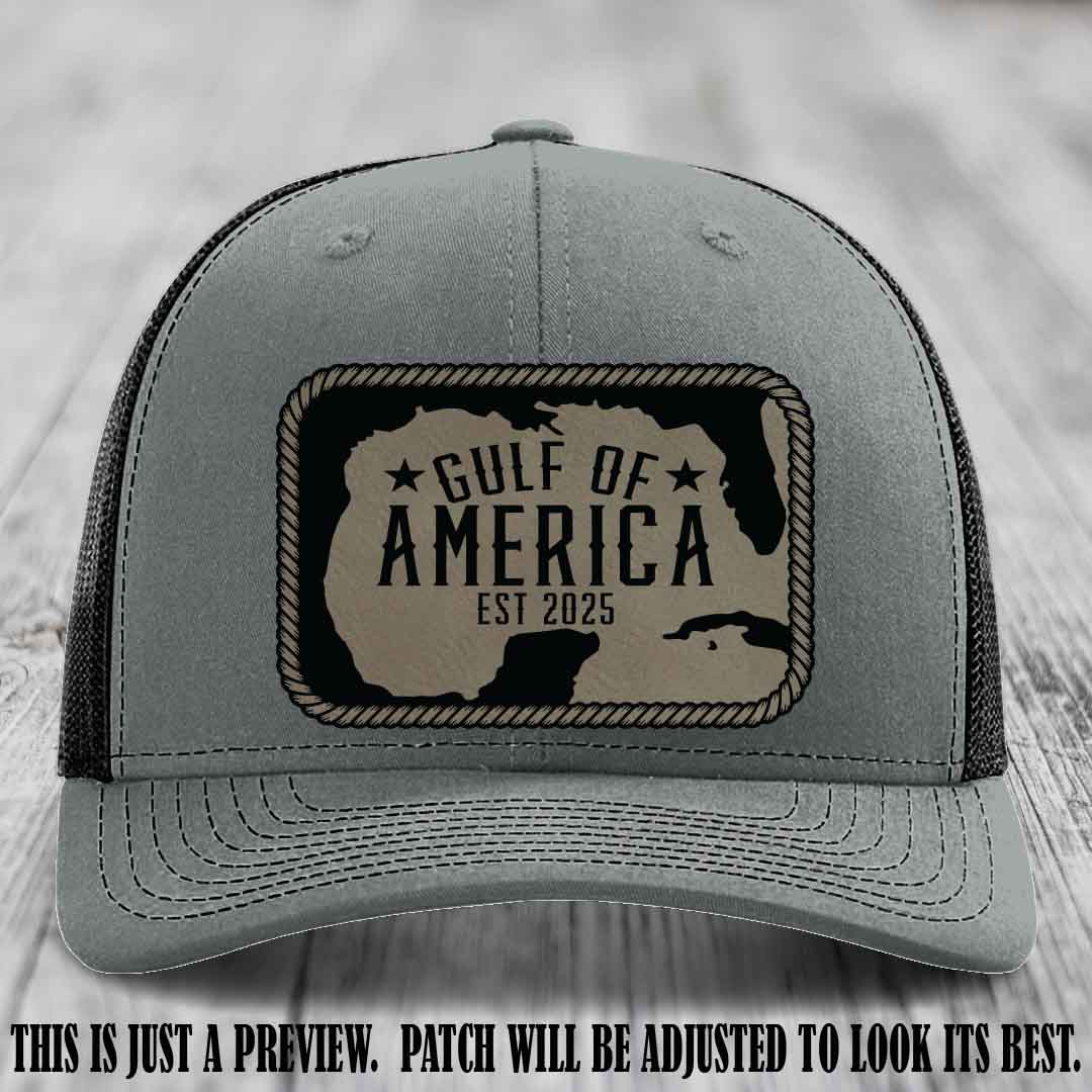 Gulf of America leather patch hat on a Heather Grey to Black Richardson 112 cap with Light Brown to Black patch.