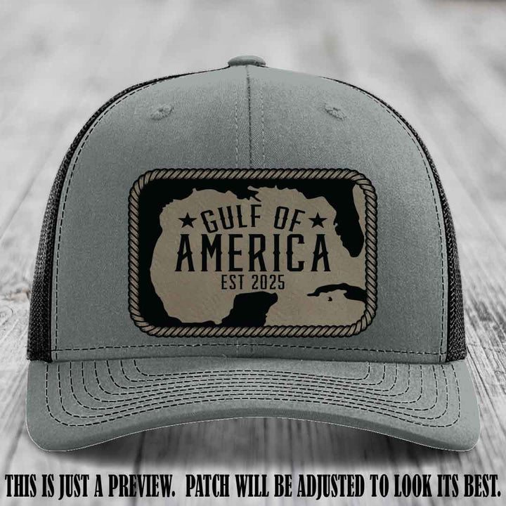 Gulf of America leather patch hat on a Heather Grey to Black Richardson 112 cap with Light Brown to Black patch.