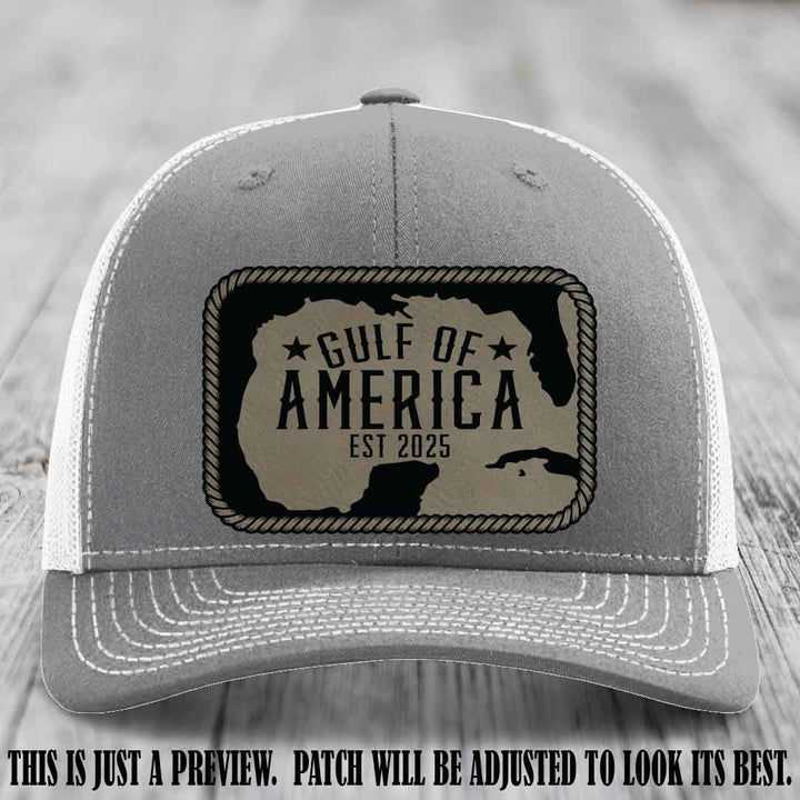 Gulf of America leather patch hat on a Heather Grey to White Richardson 112 cap with Light Brown to Black patch.