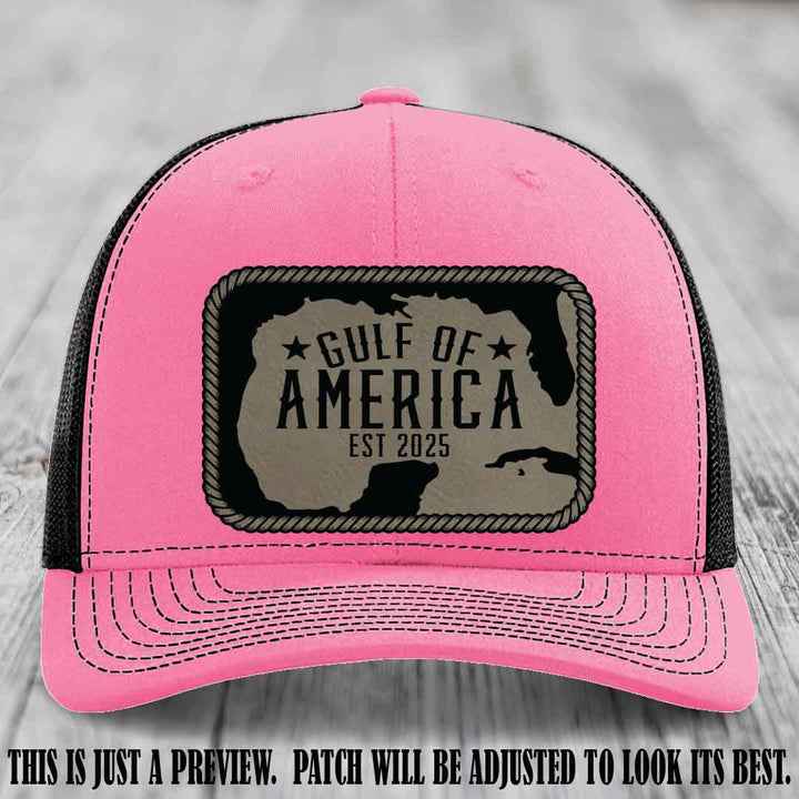 Gulf of America leather patch hat on a Hot Pink to Black Richardson 112 cap with Light Brown to Black patch.