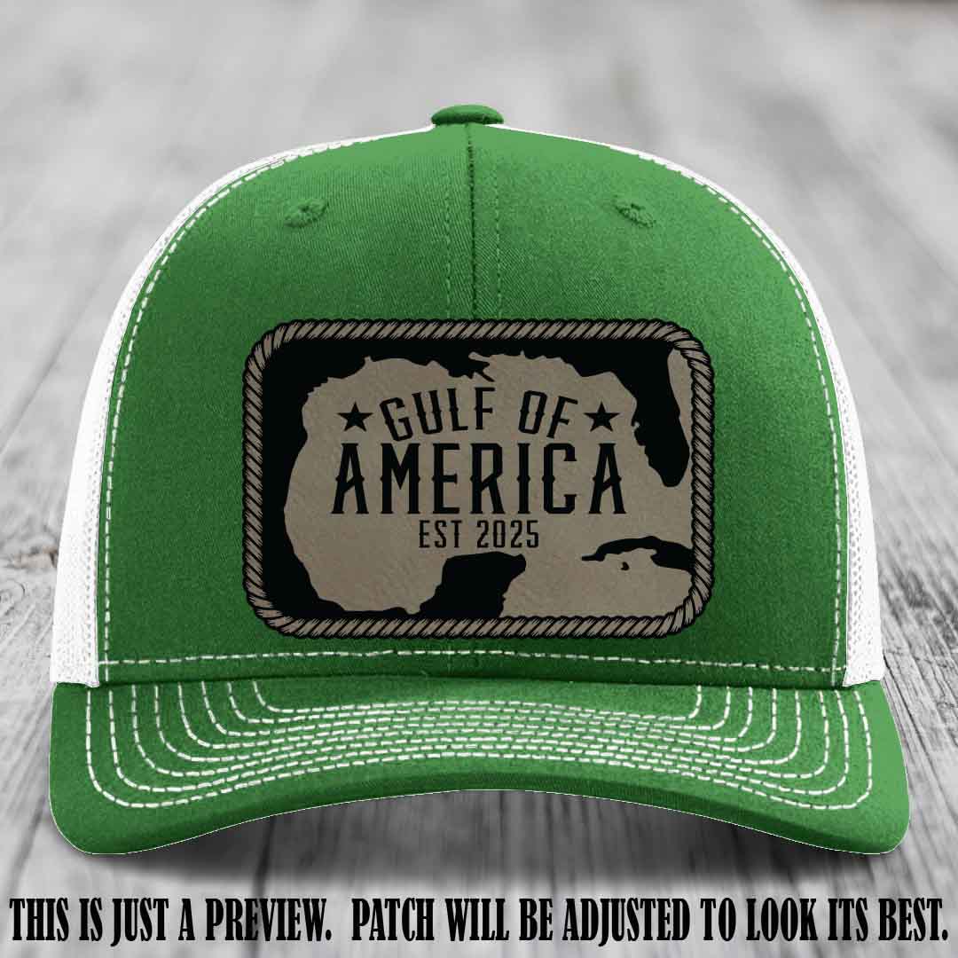 Gulf of America leather patch hat on a Kelly to White Richardson 112 cap with Light Brown to Black patch.