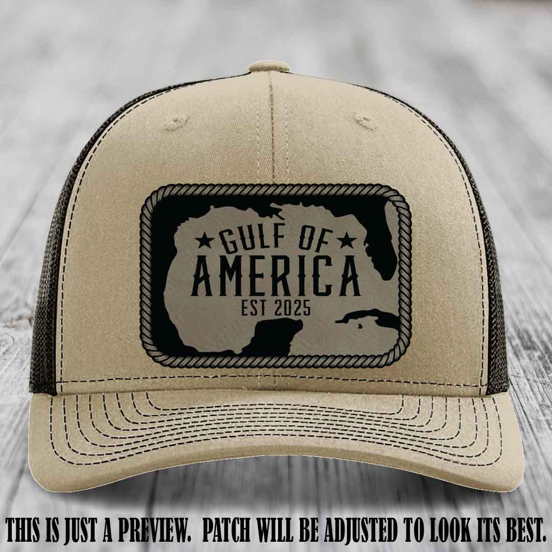 Gulf of America leather patch hat on a Khaki to Coffee Richardson 112 cap with Light Brown to Black patch.
