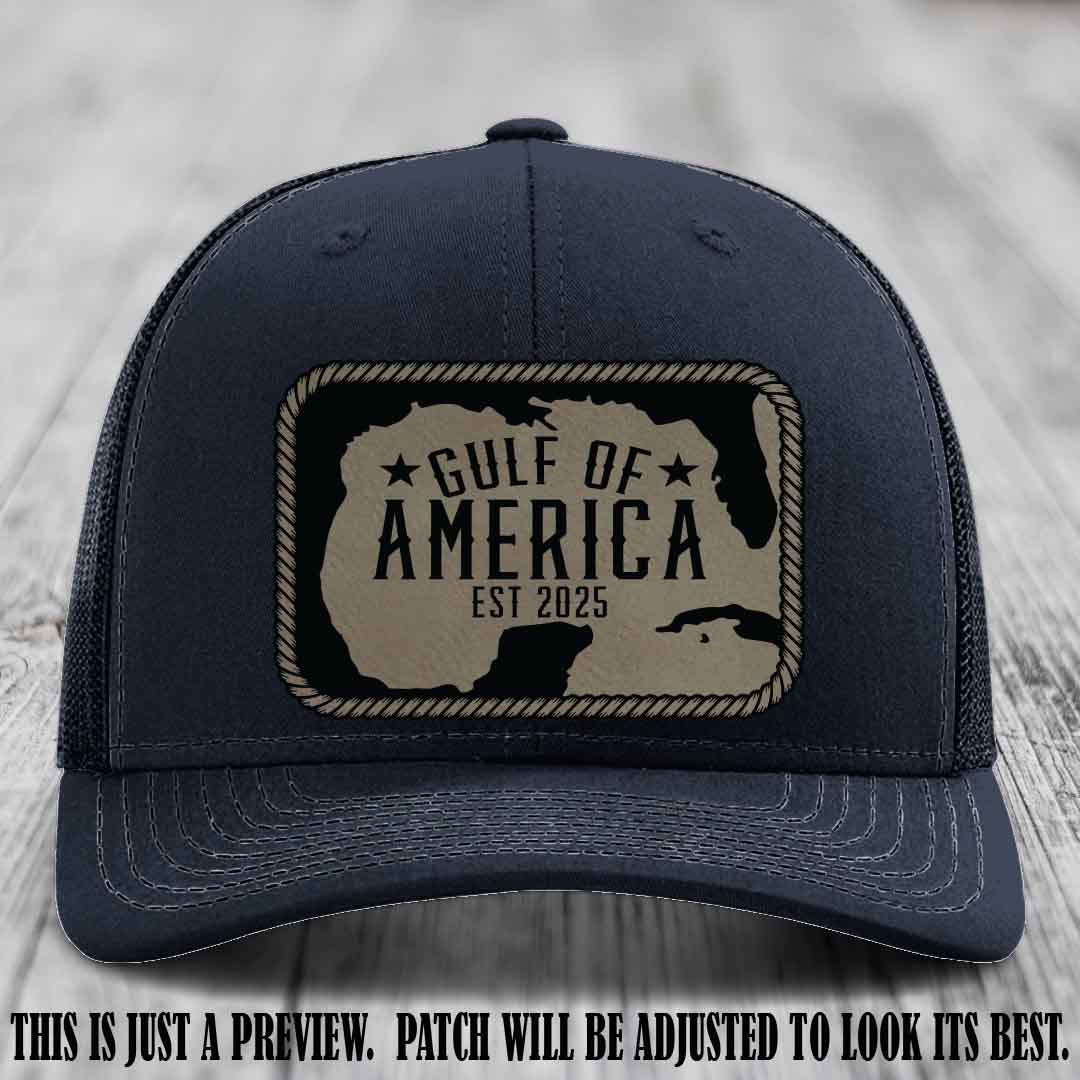 Gulf of America leather patch hat on a Navy Richardson 112 cap with Light Brown to Black patch.