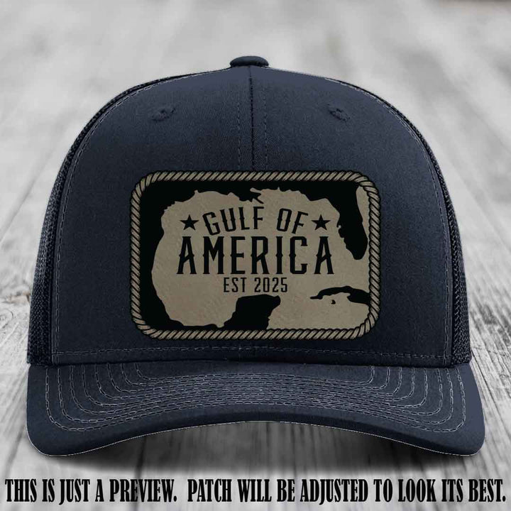 Gulf of America leather patch hat on a Navy Richardson 112 cap with Light Brown to Black patch.