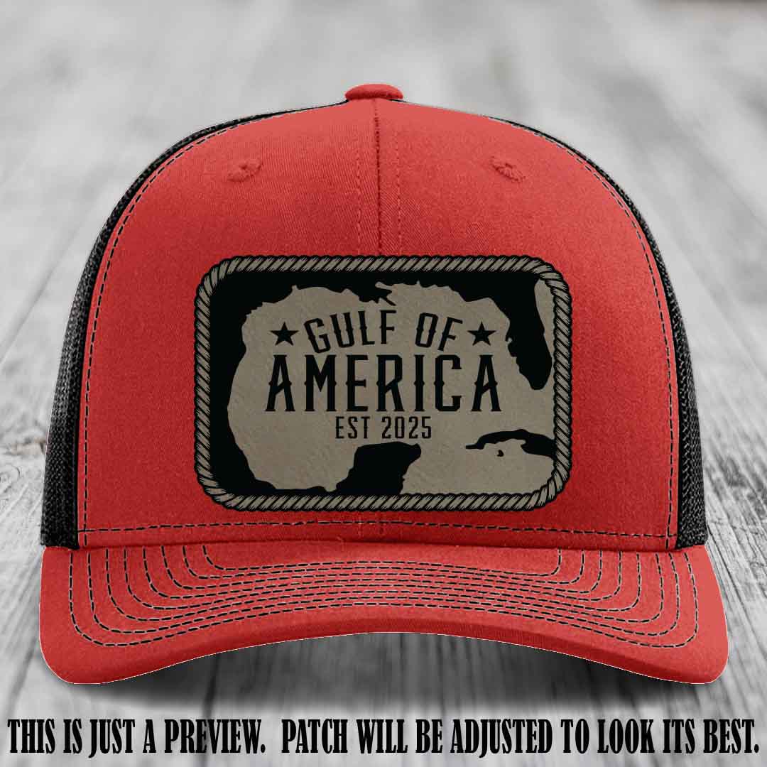 Gulf of America leather patch hat on a Red to Black Richardson 112 cap with Light Brown to Black patch.
