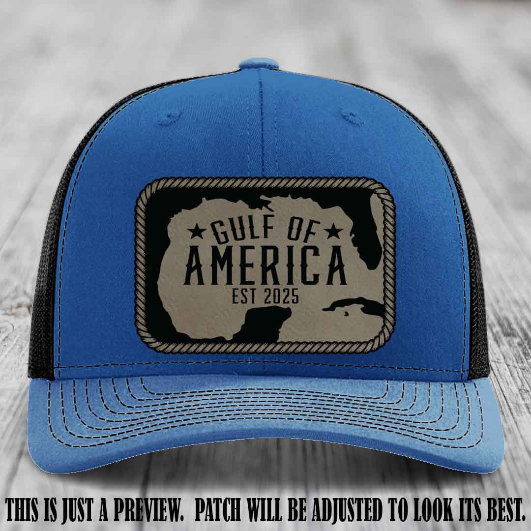 Gulf of America leather patch hat on a Royal to Black Richardson 112 cap with Light Brown to Black patch.