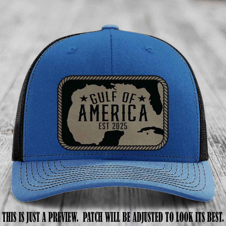 Gulf of America leather patch hat on a Royal to Black Richardson 112 cap with Light Brown to Black patch.