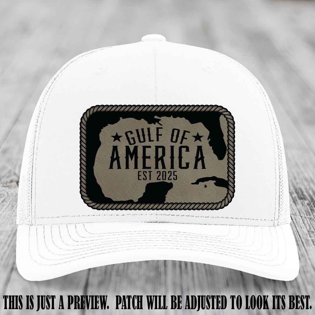 Gulf of America leather patch hat on a White Richardson 112 cap with Light Brown to Black patch.