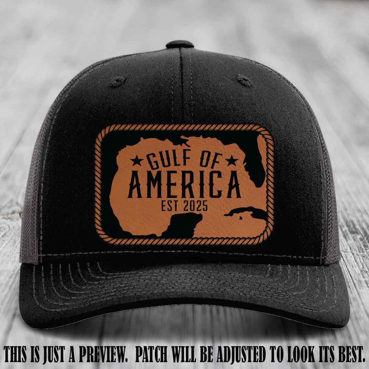 Gulf of America leather patch hat on a Black to Charcoal Richardson 112 cap with Rawhide to Black patch.