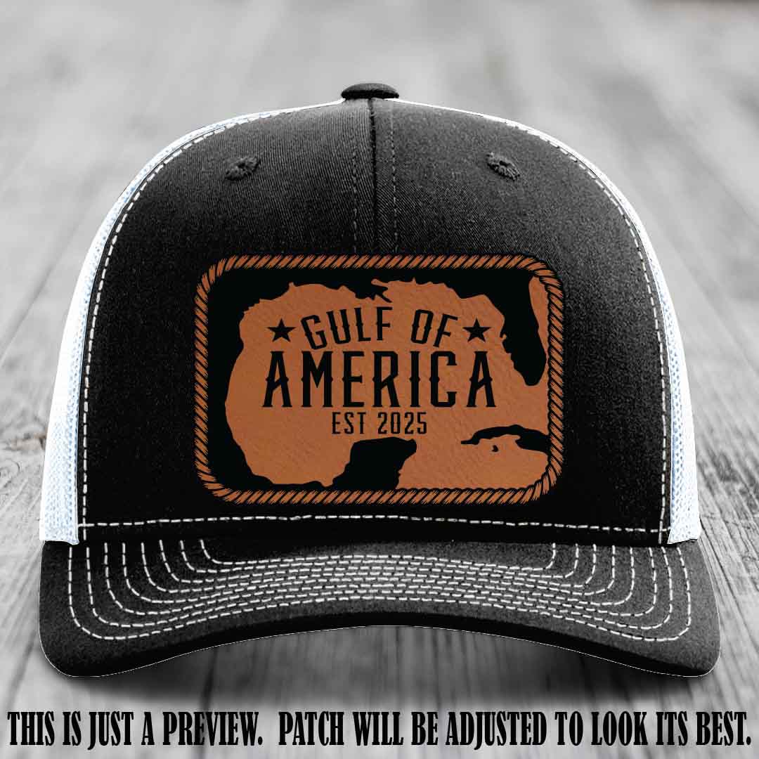 Gulf of America leather patch hat on a Black to White Richardson 112 cap with Rawhide to Black patch.