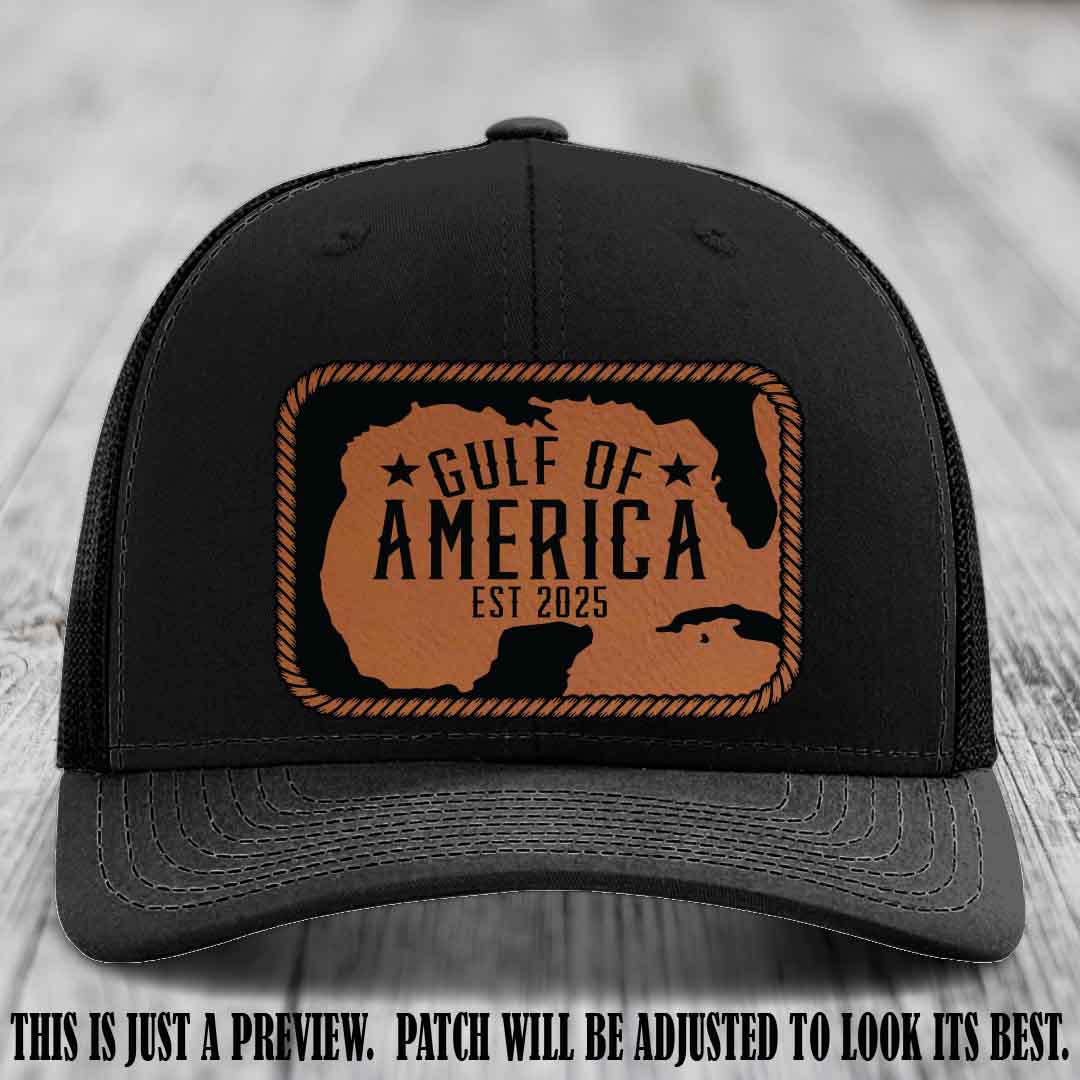 Gulf of America leather patch hat on a Black Richardson 112 cap with Rawhide to Black patch.