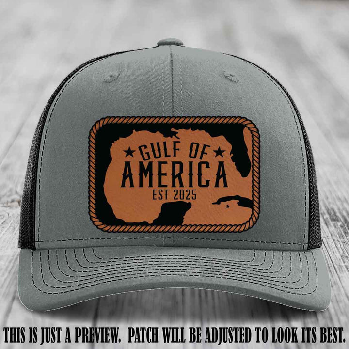 Gulf of America leather patch hat on a Heather Grey to Black Richardson 112 cap with Rawhide to Black patch.