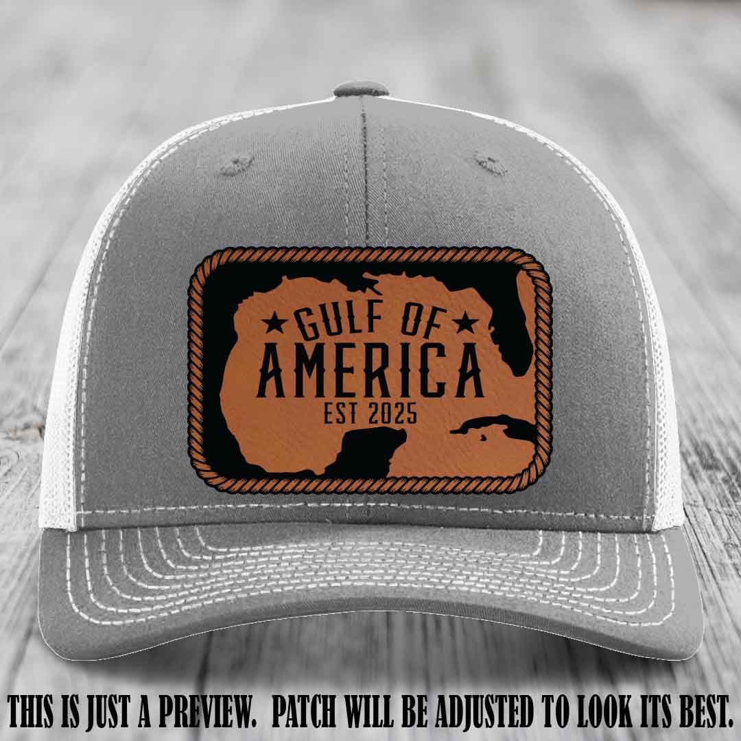 Gulf of America leather patch hat on a Heather Grey to White Richardson 112 cap with Rawhide to Black patch.