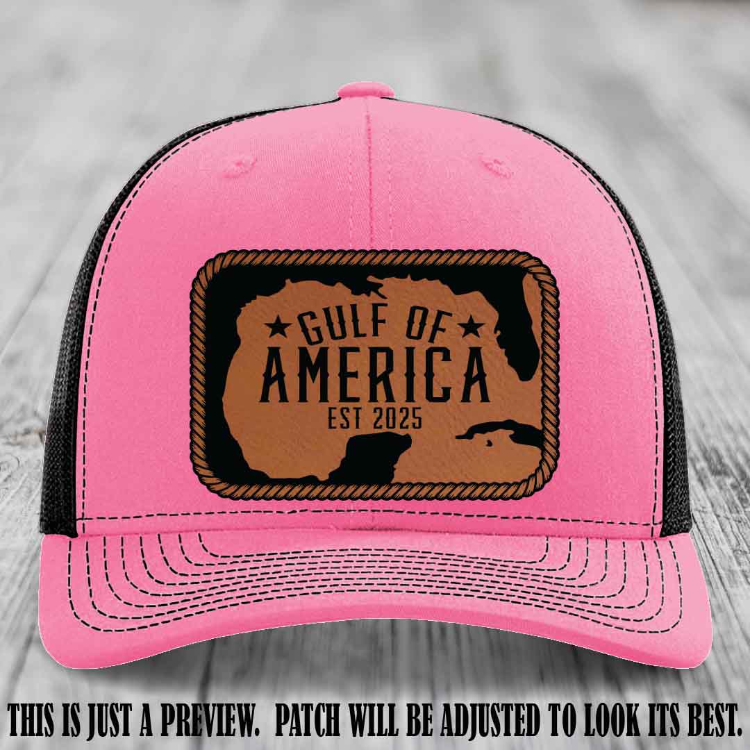 Gulf of America leather patch hat on a Hot Pink to Black Richardson 112 cap with Rawhide to Black patch.