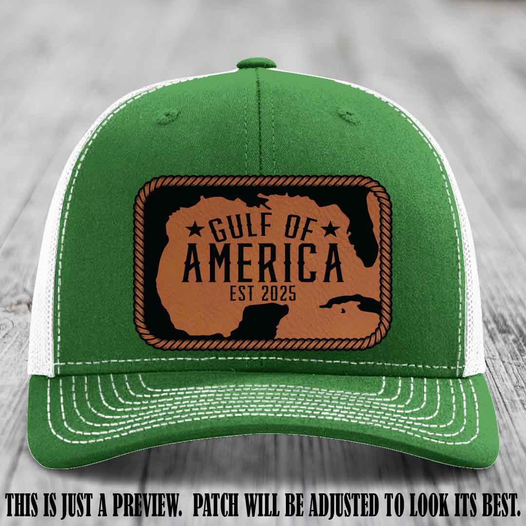 Gulf of America leather patch hat on a Kelly to White Richardson 112 cap with Rawhide to Black patch.