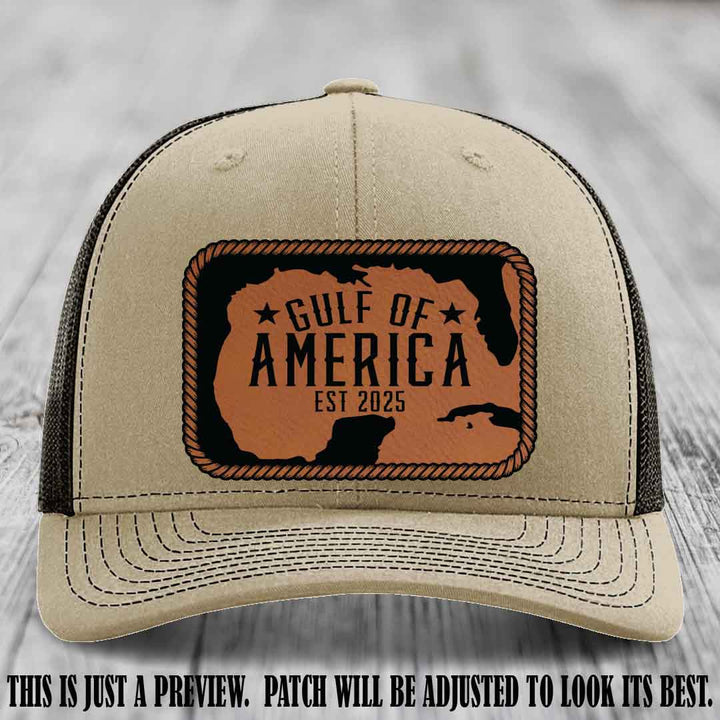 Gulf of America leather patch hat on a Khaki to Coffee Richardson 112 cap with Rawhide to Black patch.