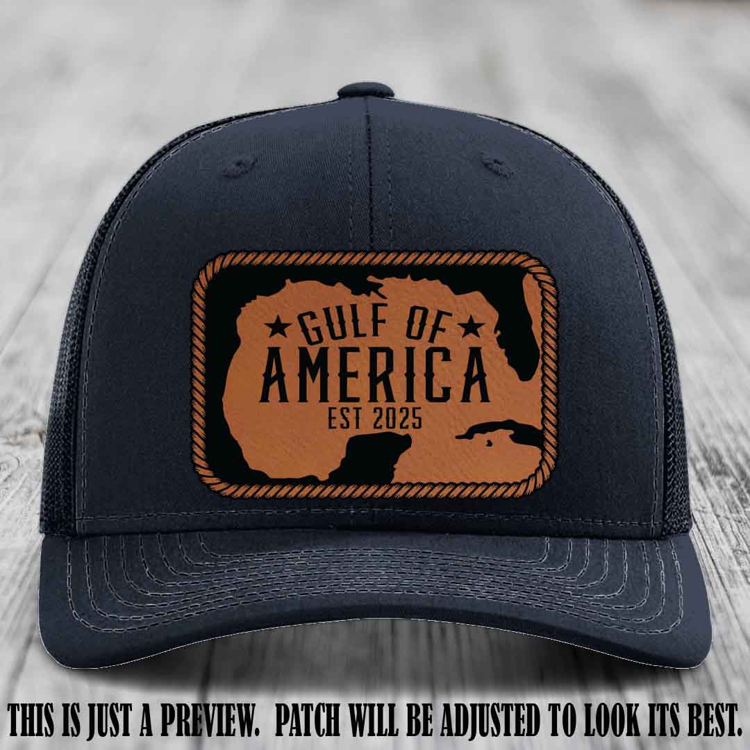 Gulf of America leather patch hat on a Navy Richardson 112 cap with Rawhide to Black patch.