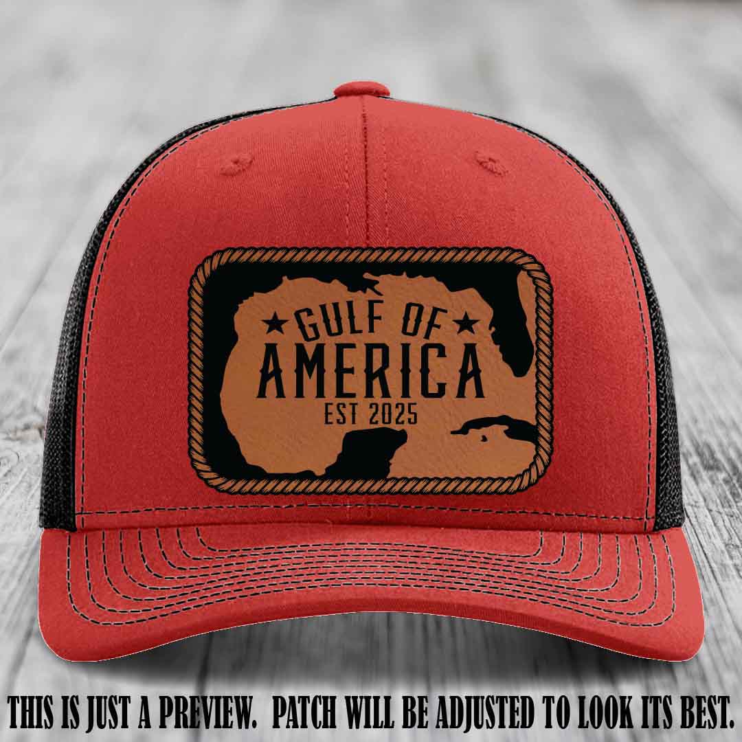 Gulf of America leather patch hat on a Red to Black Richardson 112 cap with Rawhide to Black patch.