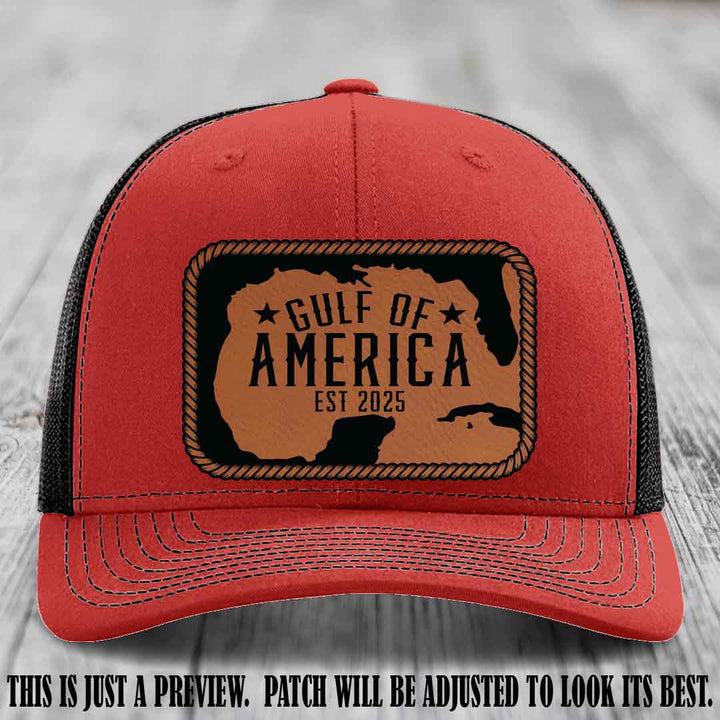 Gulf of America leather patch hat on a Red to Black Richardson 112 cap with Rawhide to Black patch.