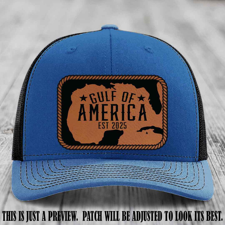 Gulf of America leather patch hat on a Royal to Black Richardson 112 cap with Rawhide to Black patch.