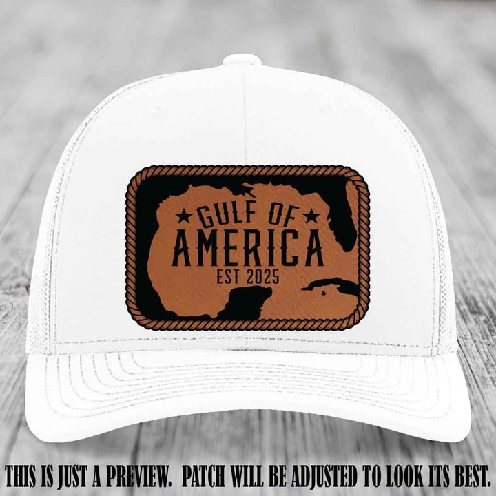 Gulf of America leather patch hat on a White Richardson 112 cap with Rawhide to Black patch.