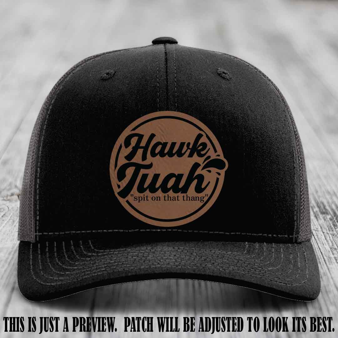 Hawk Tuah 'Dark Brown to Black' patch on Black to Charcoal Hat Richardson 112 hat
