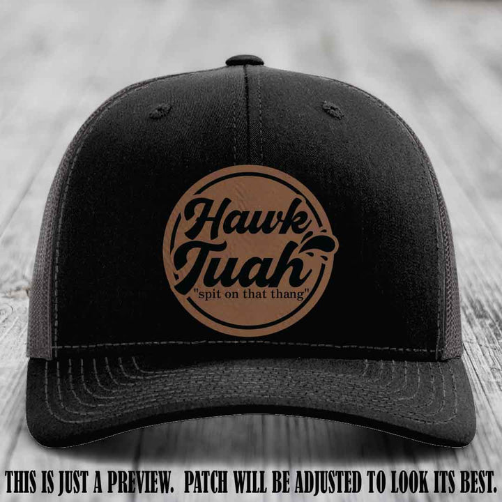 Hawk Tuah 'Dark Brown to Black' patch on Black to Charcoal Hat Richardson 112 hat